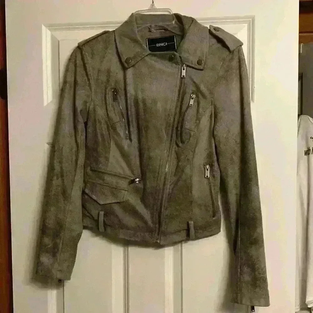 BNCI women's XS distressed crop jacket gray full zip biker chic